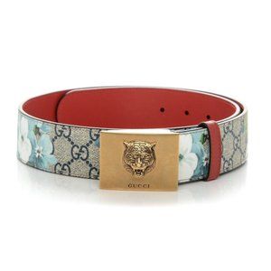 Gucci GG Supreme Blooms Belt with Brass Tiger Head Buckle in Blue New w DUSTBAG